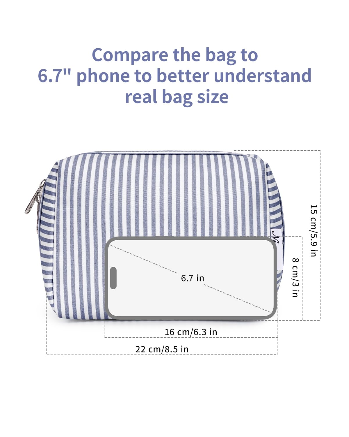 Narwey Striped Makeup Bag Travel Cosmetic Bag Organizer Toiletry Bag Make Up Bags with Compartments for Women Girls (Large, Greyish Blue Stripe)