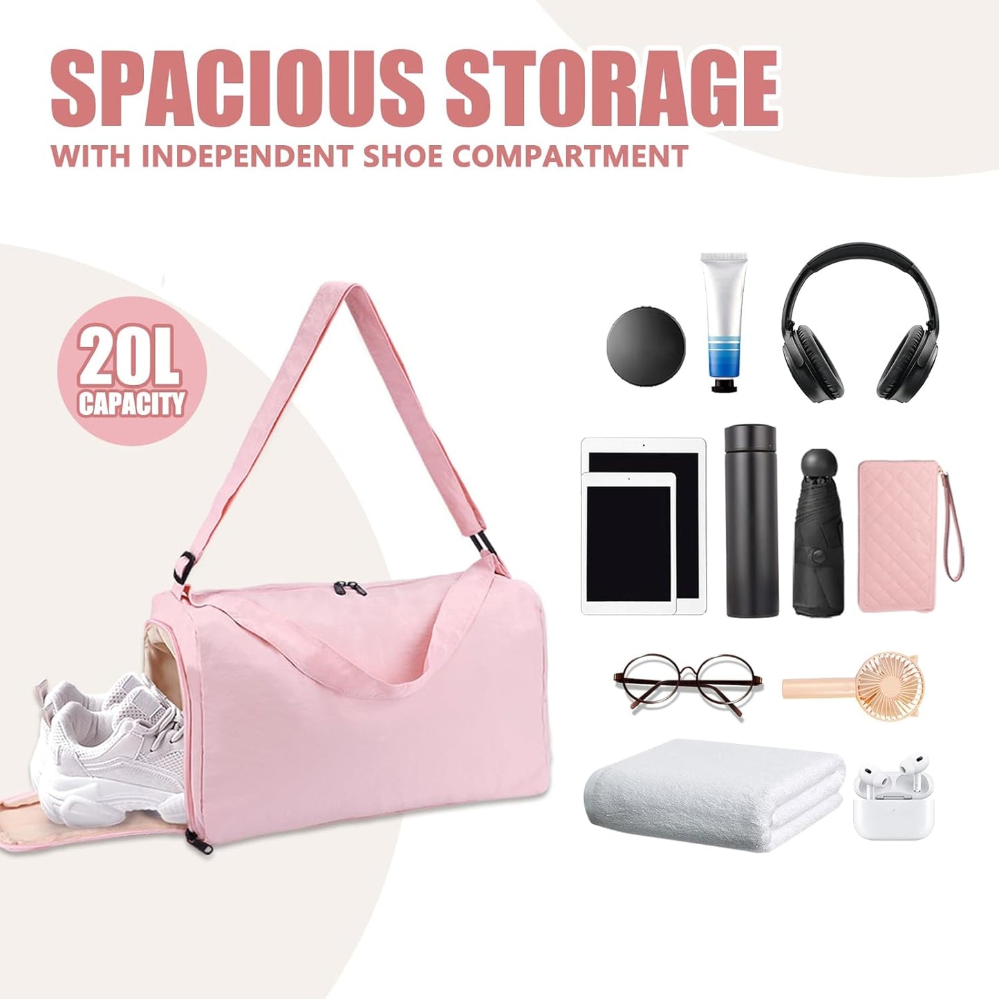 Small Gym Bag for Women with Shoes Compartment and Wet Pocket, Lightweight Travel Duffel Overnight Bags for Women & Men, Weekend Carry on Bag - Sport Yoga Swimming Dance(Pink)