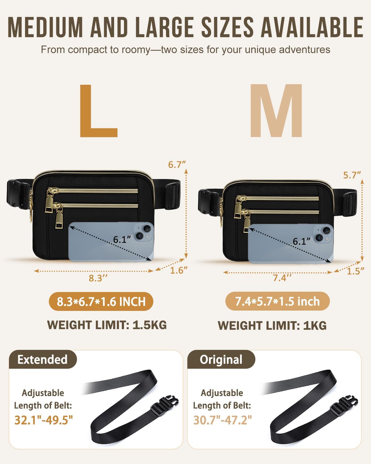 Capolo Fanny Packs for Women Fashion Waist Packs Bag with Adjustable Strap and 4 Zipper Pockets Waterproof Everywhere Crossbody Belt Bag for Workout Running Travelling(Black, Large)