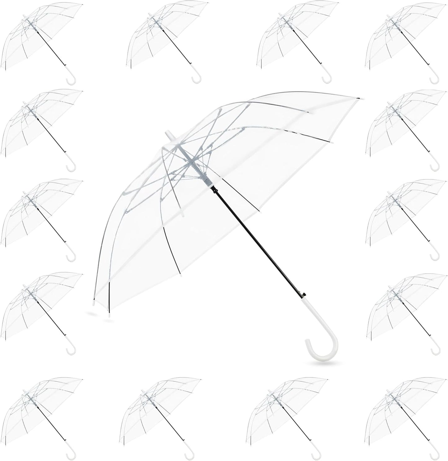 JUYO VONSAN 15 Pcs Clear Umbrella Wedding Bulk Lightweight Fiberglass Frame Transparent Large Stick Umbrellas Bulk for Rain Windproof, Auto Open J Hook