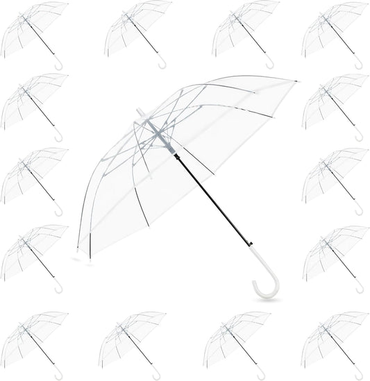 JUYO VONSAN 15 Pcs Clear Umbrella Wedding Bulk Lightweight Fiberglass Frame Transparent Large Stick Umbrellas Bulk for Rain Windproof, Auto Open J Hook