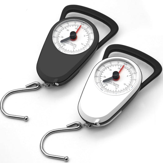 2PC Portable Luggage Weight Scale with Hook- Black & White Fishing Hanging Scale Mechanical Kitchen, Multi-Purpose Travel Suitcase Scale with Tape Measure (80 Lbs)