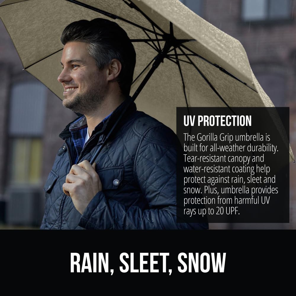 GORILLA GRIP Strong Windproof Stick Compact Umbrella for Rain, One-Click Automatic Open and Close, Durable Quick Dry Waterproof Material, Lightweight and Portable, Travel Size Fits Backpack, Beige
