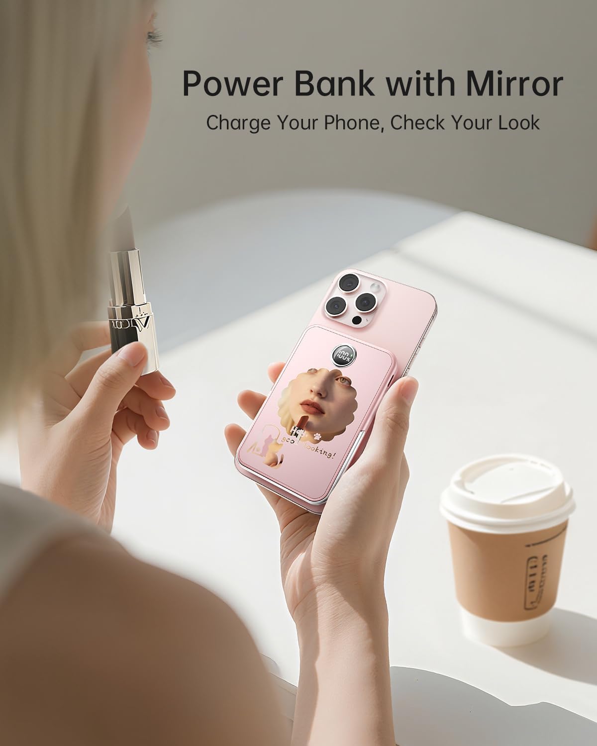 iWALK Magnetic Portable Charger 5,000mAh, Wireless Power Bank with Mirror & Foldable Stand, Ultra Slim Battery Pack with USB-C Cable, MagSafe Compatible for iPhone 17/16/16 Plus/16 Pro/15/14/13/12