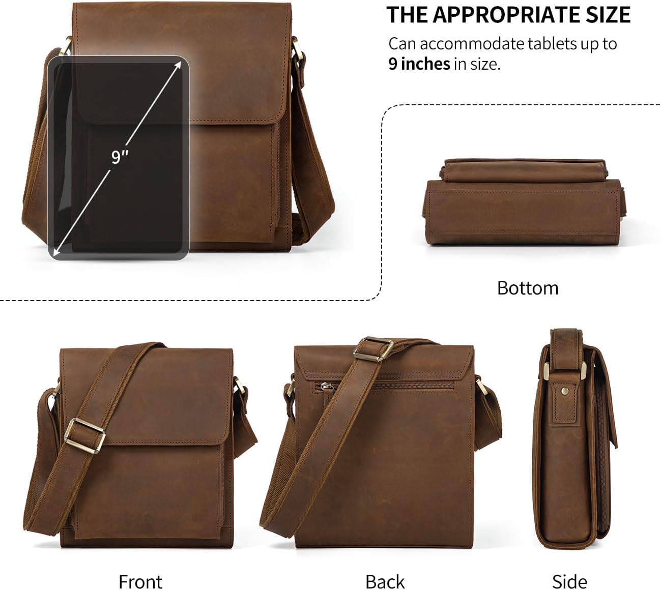 Augus Leather Messenger Crossbody Shoulder Bag for Men Work Business Casual Adjustable straps With YKK Metal Zipper