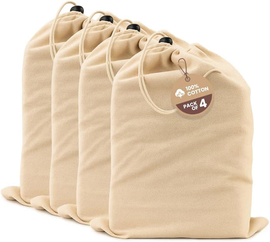 LFH Cotton Shoe Storage Bags with Drawstring, Dustproof Breathable Reusable Organizer, Perfect For Travel, Dorm, Hotel, College, Gym, Easy to Carry, Machine Washable 8"x17" (Pack of 4) - Natural