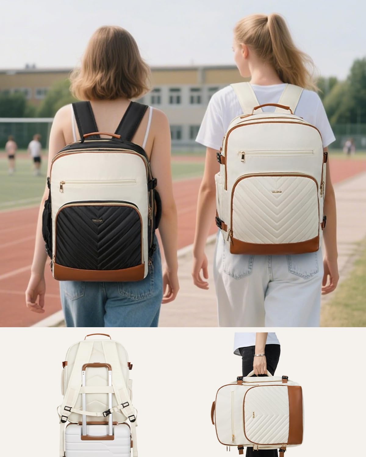 Telena Travel Backpack for Women, 17.3 inch Laptop TSA Carry On Personal Item Size Flight Approved Travel Bag Daypack with Multi-Pockets for Work, Travel, Business, Beige-Brown