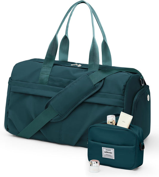 Gym Bag for Women Men, Sport Duffel Bag with Toiletry Bag & Shoe Compartment,Waterproof Travel Weekender Overnight Carry on Bag for Yoga with Trolley Sleeve, Peacock Blue Set