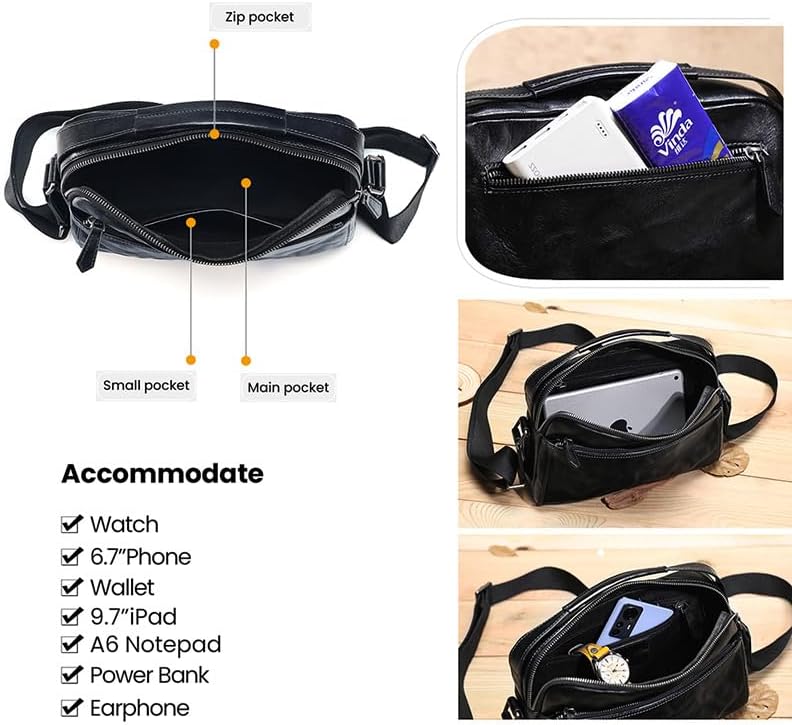 Genuine Leather Sling Bag for Men Adjustable Strap Vintage Anti-Theft Crossbody Messenger Shoulder Bag