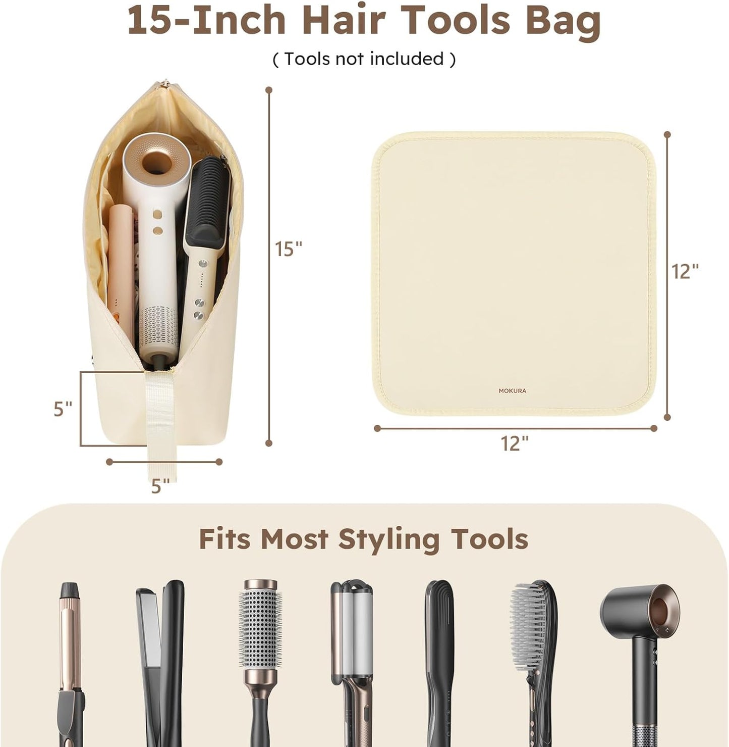MOKURA Hot Hair Tools Travel Bag with Heat Resistant Mat Removable, Hair Accessories Organizer Case, Women Travel Essentials, Storage Pouch for Curling Iron Straightener Flat Iron Hair Dryer, Ivory
