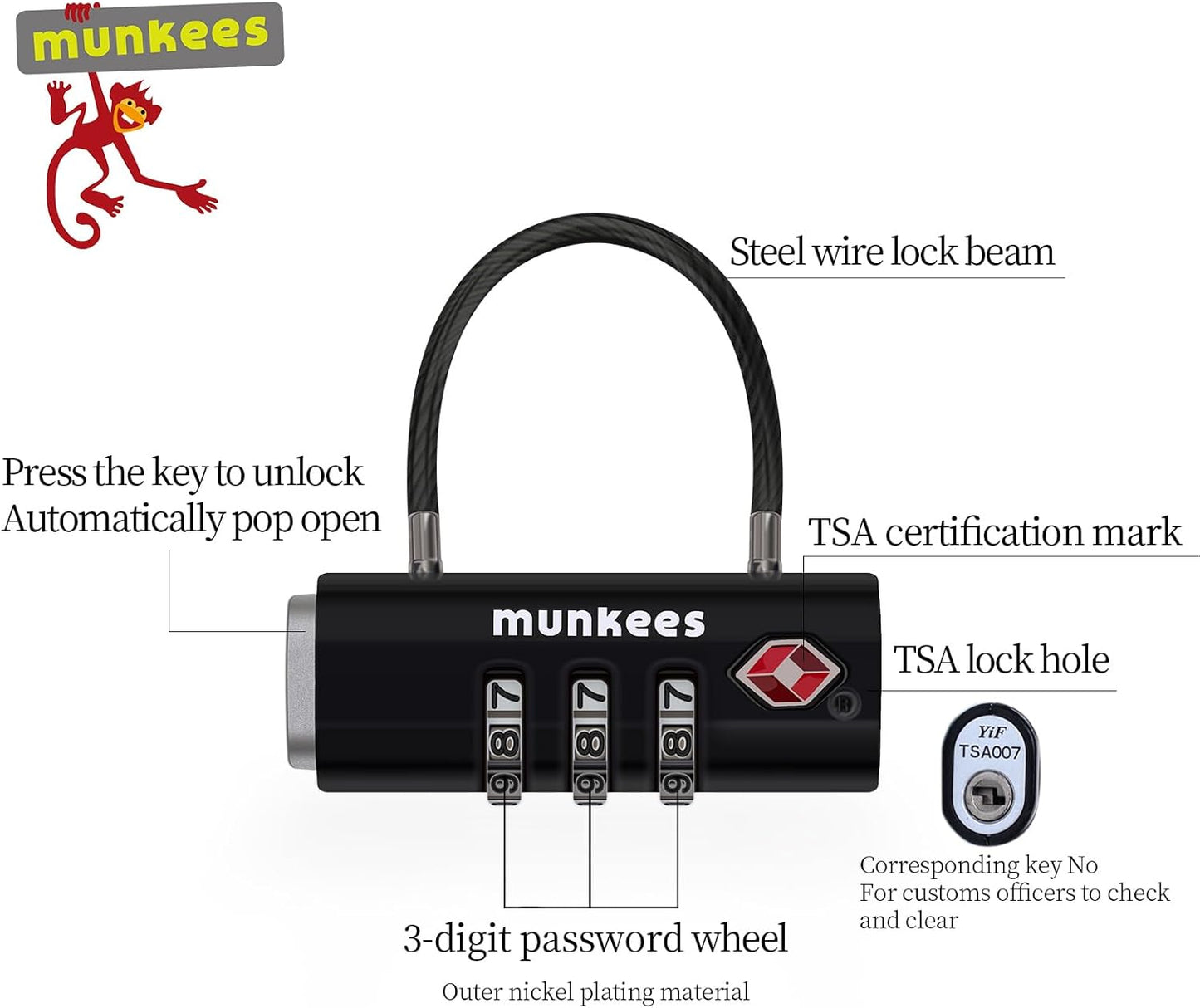 munkees TSA Approved Luggage Lock, 3-Digit Combination, Metal Construction (Black)