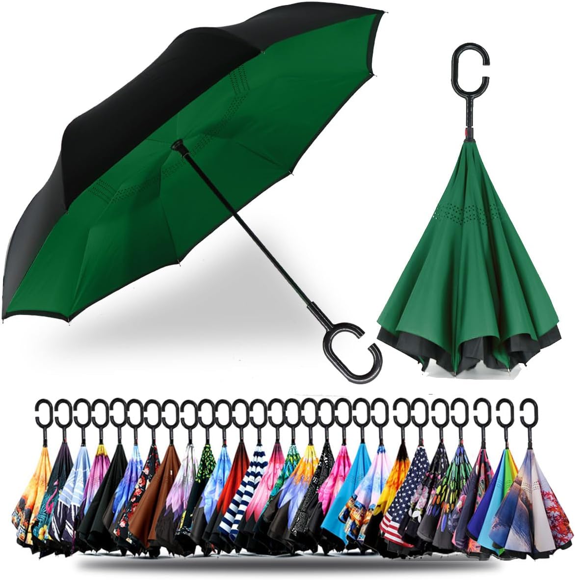 SIEPASA 49/56 Inch Inverted Reverse Upside Down Umbrella, Extra Large Double Canopy Vented Windproof Waterproof Stick Golf Umbrellas with C-shape Handle.