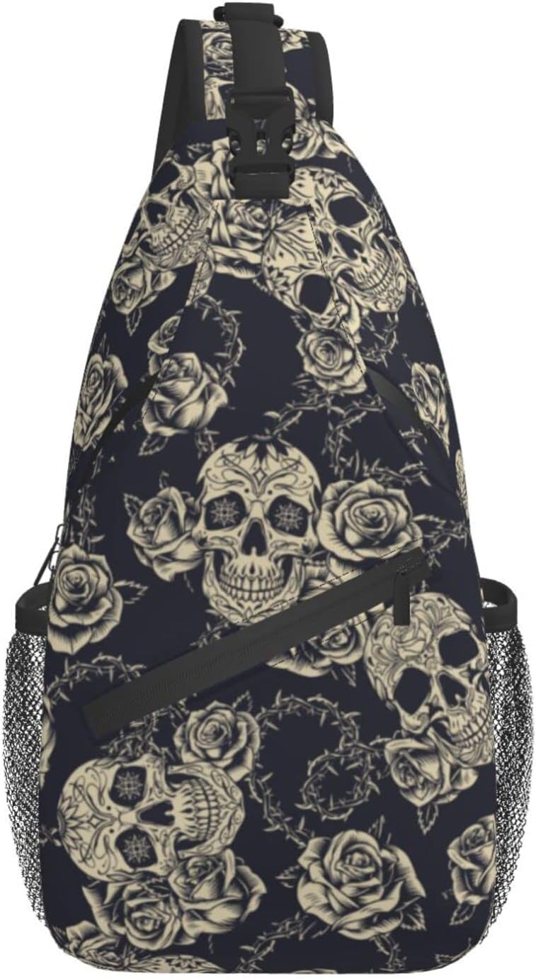 bassyil Skull Rose Sling Bag Crossbody Travel Hiking Chest Backpack Shoulder Daypack for Women Men