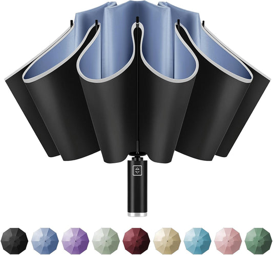Yoobure Inverted Windproof Travel Umbrella - Automatic Umbrellas for Rain, Compact Folding with Reflective Stripe, Portable Large for Backpack, Lightweight with Sun UV Protection