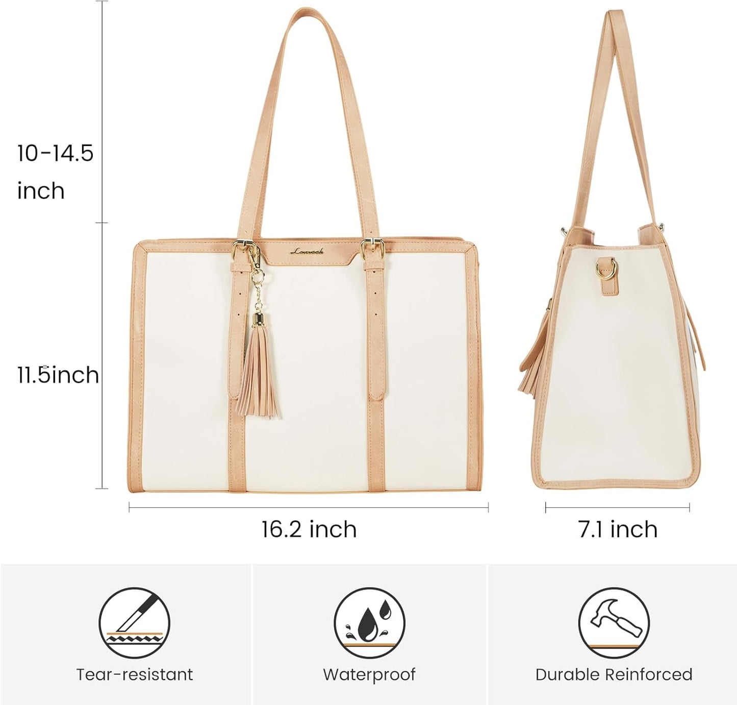 LOVEVOOK Laptop Bag for Women 15.6 inch Lightweight Canvas Laptop Tote Bag, Large Capacity Computer bag with Clutch Purse for Business, Work, Office, Travel, School（Pearl White & Beige，15.6 Inch）