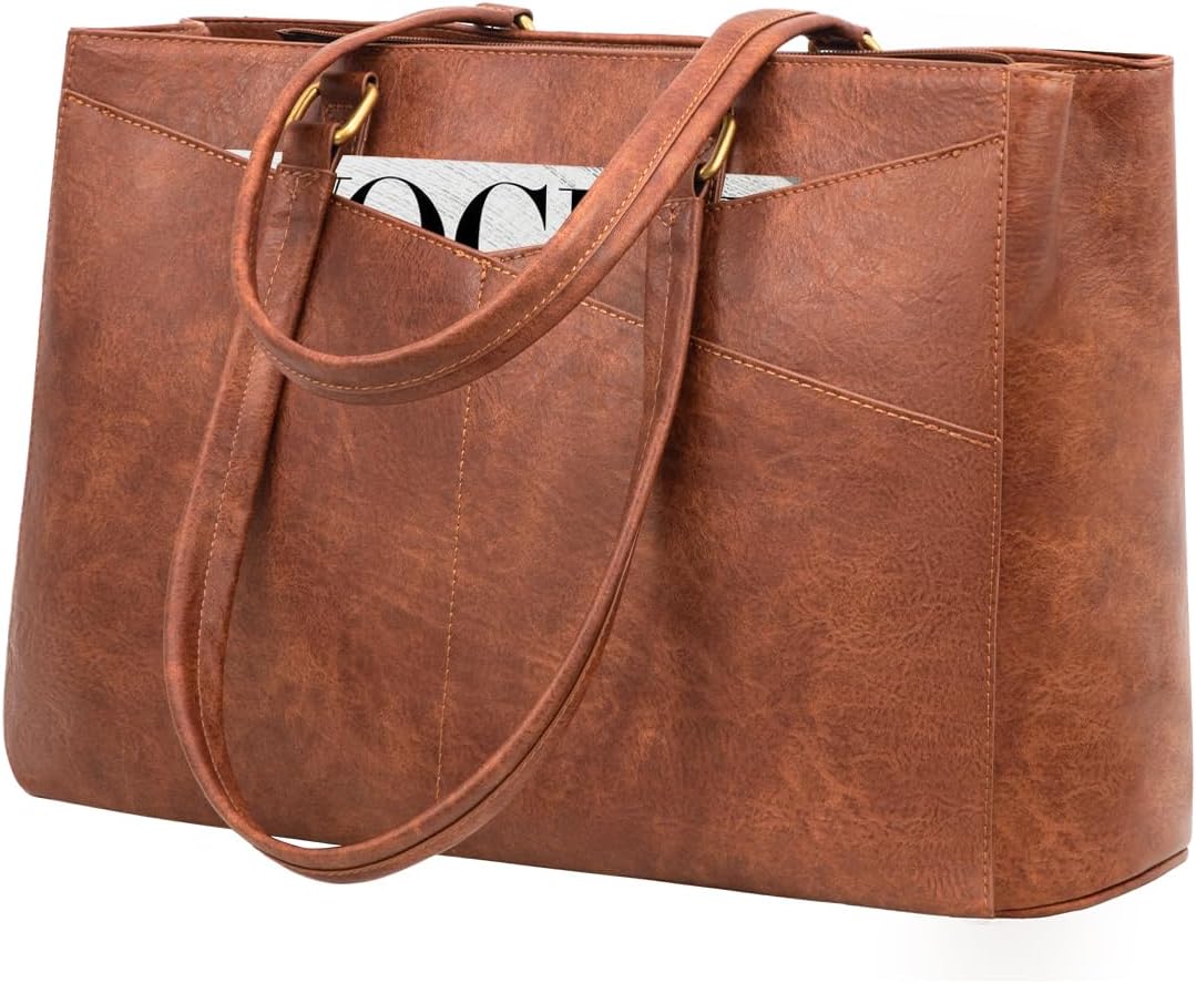 LOVEVOOK Laptop Bag for Women 15.6 Inch Tote Bags Waterproof Leather Briefcase Computer Women Business Office Work Bag,Vintage Brown