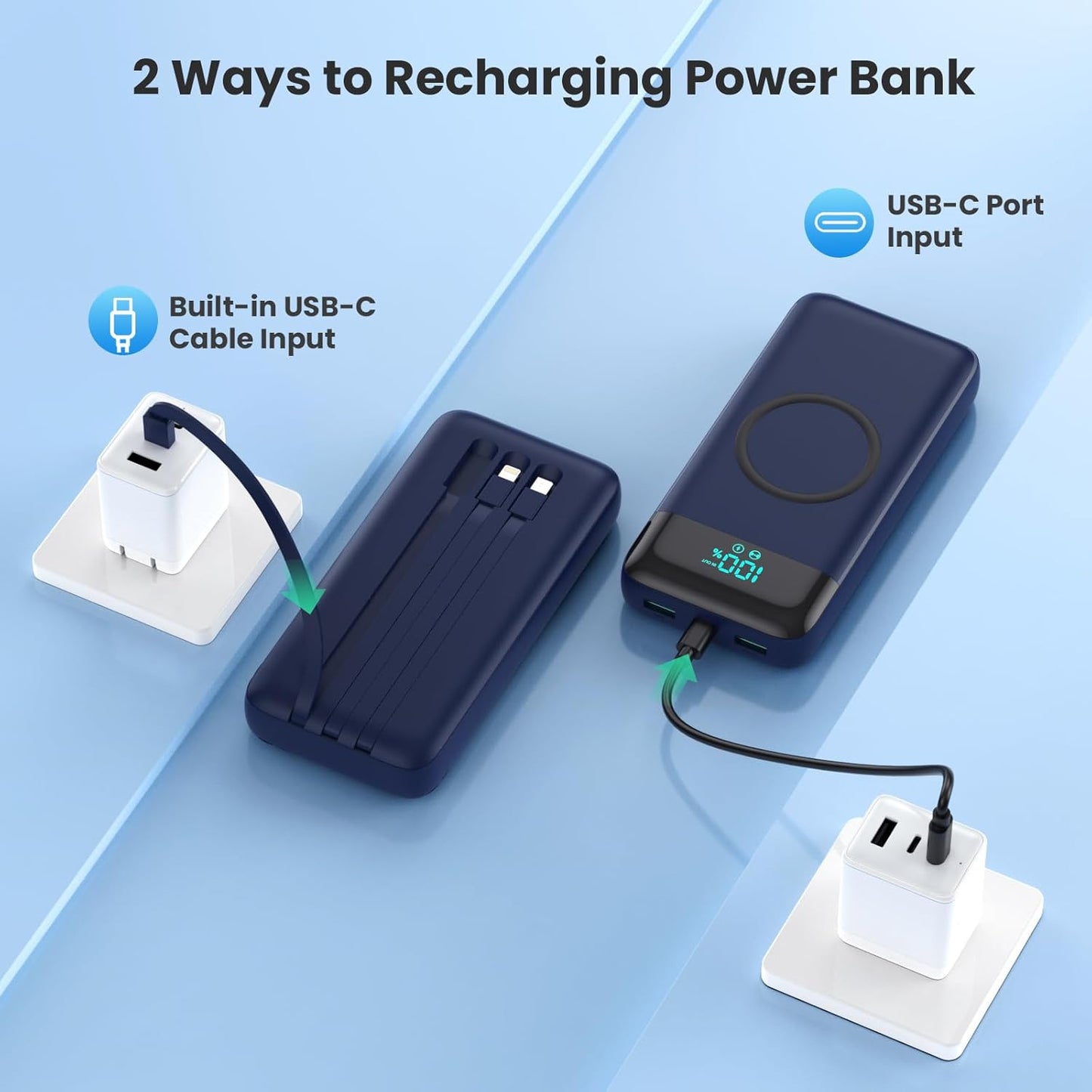 Wireless Portable Charger 40800mAh for iPhone with 3 Built-in Cables,7-in-1 15W Wireless Charging USB C Power Bank,25W PD Fast Charging Travel Essential Battery Pack for iPhone 17/16/15/14-Dark Blue