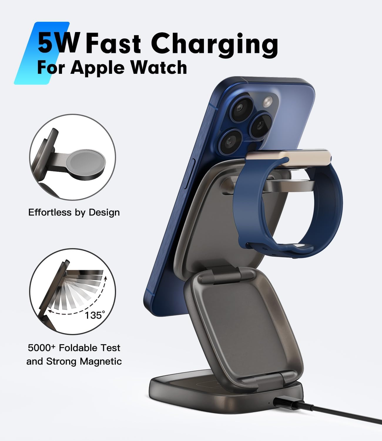 Charging Station for Apple Multiple Devices - for 15W Mag-Safe Fast Charging All-Aluminum Foldable Magnetic Wireless Charger Dock for iPhone 17 16 15 14 13 12 & iWatch & Airpods (30W Adapter)