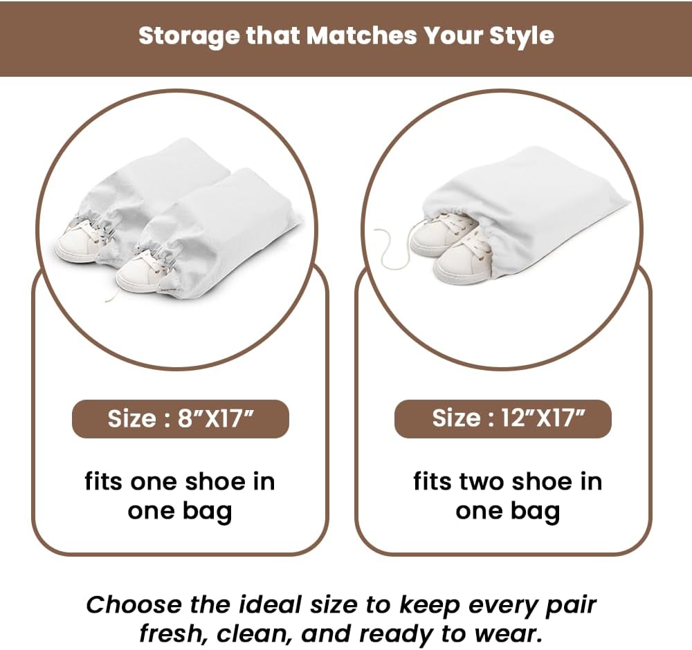 LFH Cotton Rich Shoe Storage Bags with Drawstring, Dustproof Breathable Reusable Organizer, Perfect