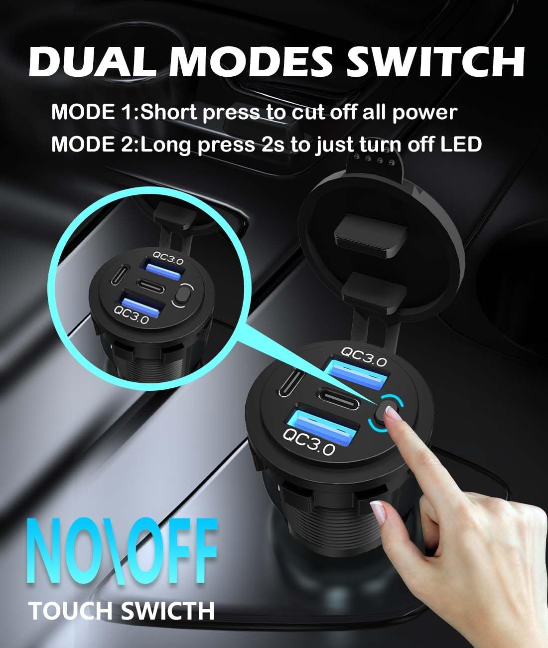 Quad-Port 12V USB Outlet with Switch & LED - 78W Dual QC3.0 & Dual PD3.0 USB C Car Charger Socket for RV Motorcycle Marine Truck Golf Cart Boat Accessories
