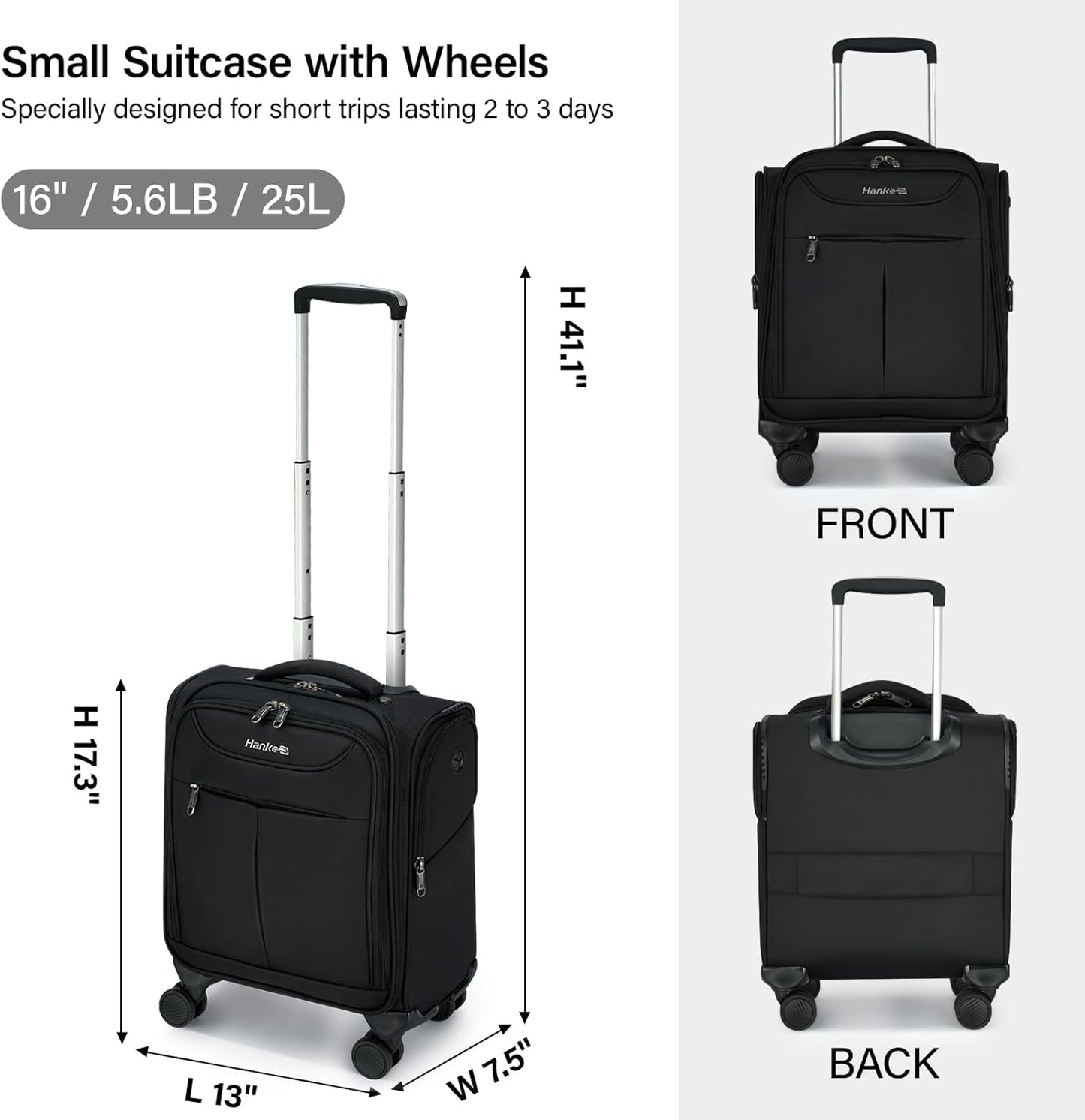 Hanke Underseat Carry On Luggage with Wheels, Lightweight Small Suitcase Airline Approved 16 Inch Softside Personal Item Travel Bag for Women Men, Compact Under Seat Luggage with Spinner Wheels,Black