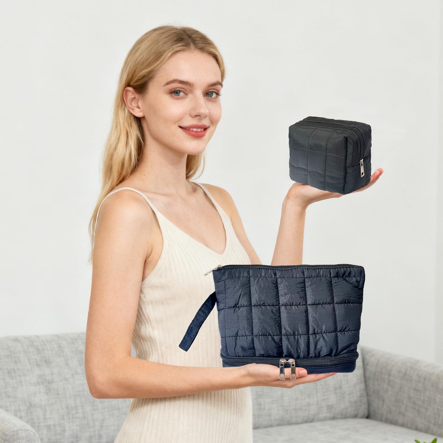 Black Puffy Puffer Makeup Bag for Purse Small Makeup Pouch Quilted Cosmetic Bag Cute Cotton Toiletry Pouch Bag for Women