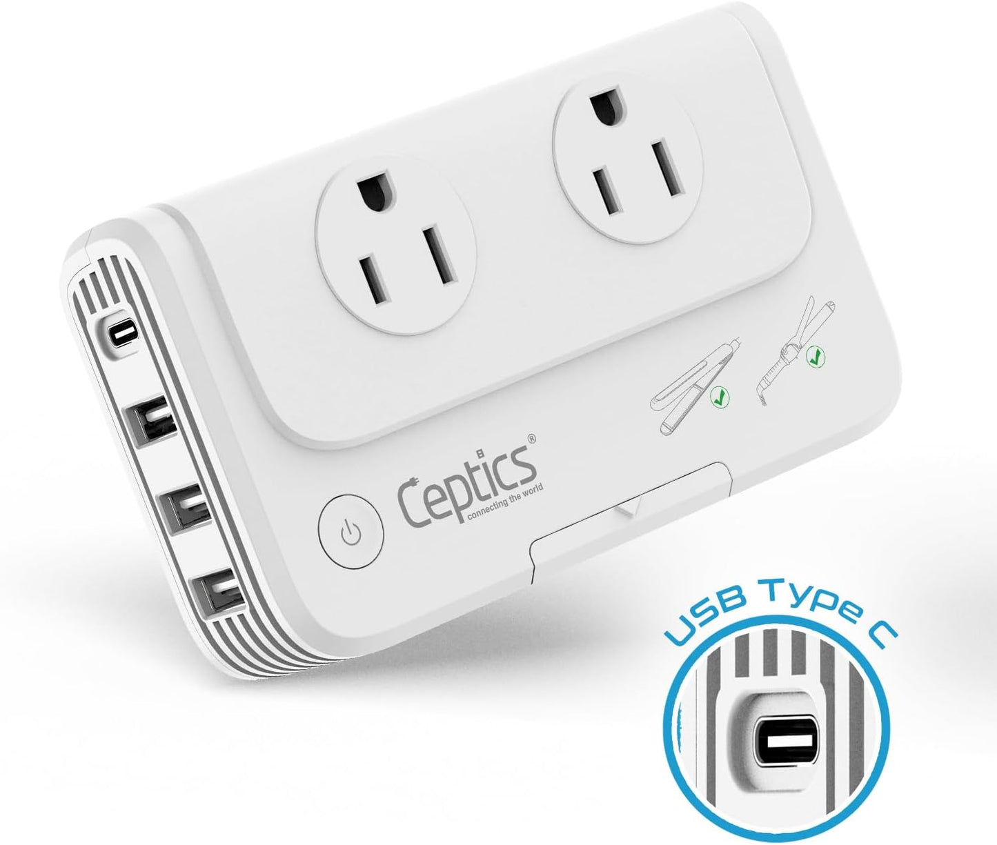 Ceptics Egypt, Dubai, Jordan Voltage Converter, Convert 220V to 110V for Devices Like Curling Iron Straightener Chargers 4 USB PD 18W Fast Charging Type H, C, G
