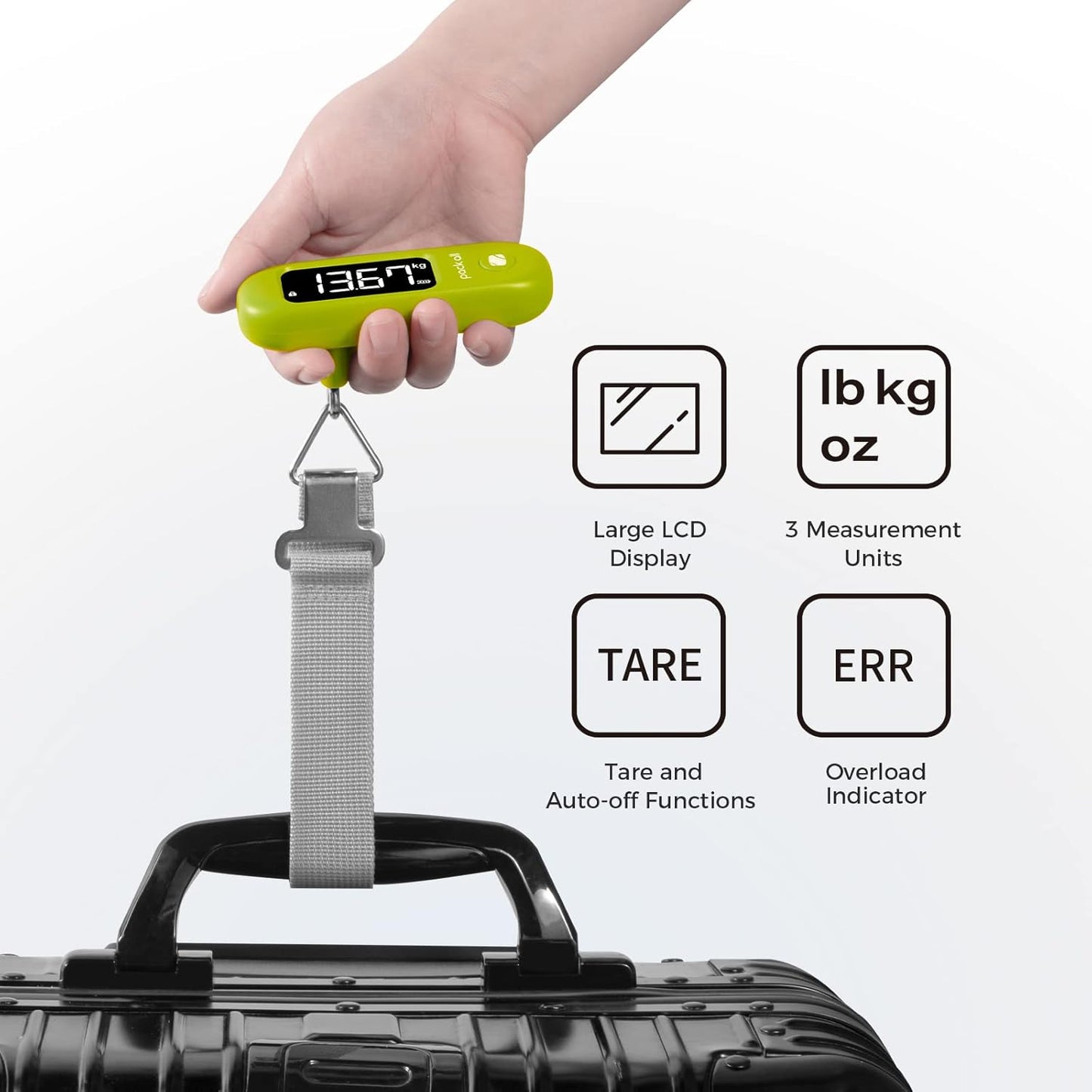 pack all 110 Lbs Luggage Scale, Digital Handheld Baggage Scale, Travel Suitcase Weight Scale with LCD Display, Battery Included, Apple Green