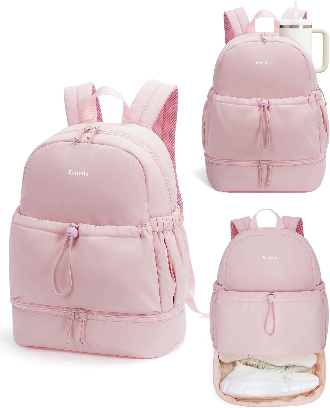 Ceneda Gym Backpack for Women, Lightweight Puffer Backpack with Shoe Compartment, Wet Pocket & Tumbler Strap, Cute Daypack for Fitness, Daily Use & Travel (Pink)