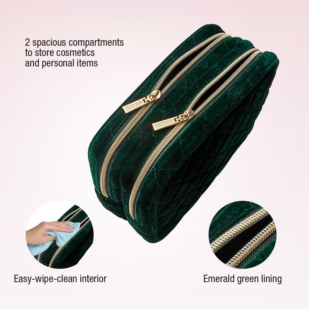 Conair Travel Double Zip Organizer - Toiletry Bag - Makeup Bag - Travel Makeup Bag - Makeup Organizer - Gifts for women - Green Velvet