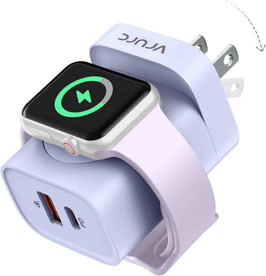 VRURC for Apple Watch Charger, Portable iWatch Charger Stand, 20W PD Fast Charging Block for iPhone, USB C Wall Ttravel Plug for Apple Watch Ultra/SE/11/10/9/8/7/6/5,iPhone 17/16/15 14 13-Purple