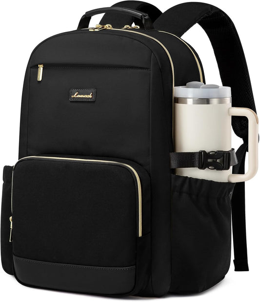 LOVEVOOK Laptop Backpack for Women with Pouch Pocket for Large Capacity Cup,15.6 Inch Laptop Computer Bag Travel Backpack Purse,Waterproof Work Business Backpack College Teacher Bags,Black