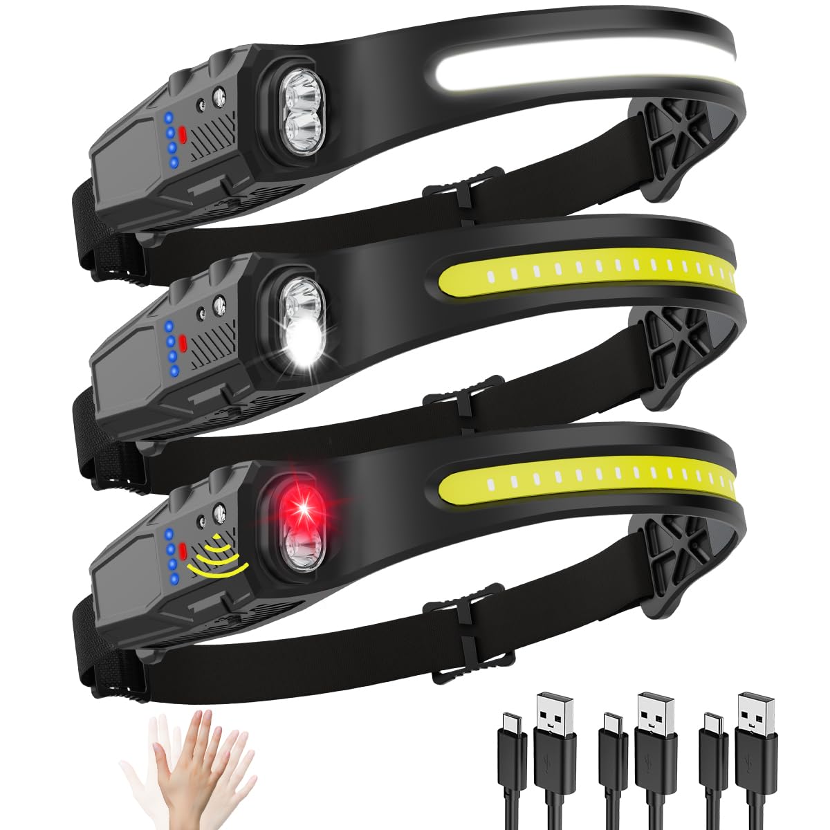 KYEKIO 3Pack 7Modes LED Headlamp Rechargeable with Red Light for Adults