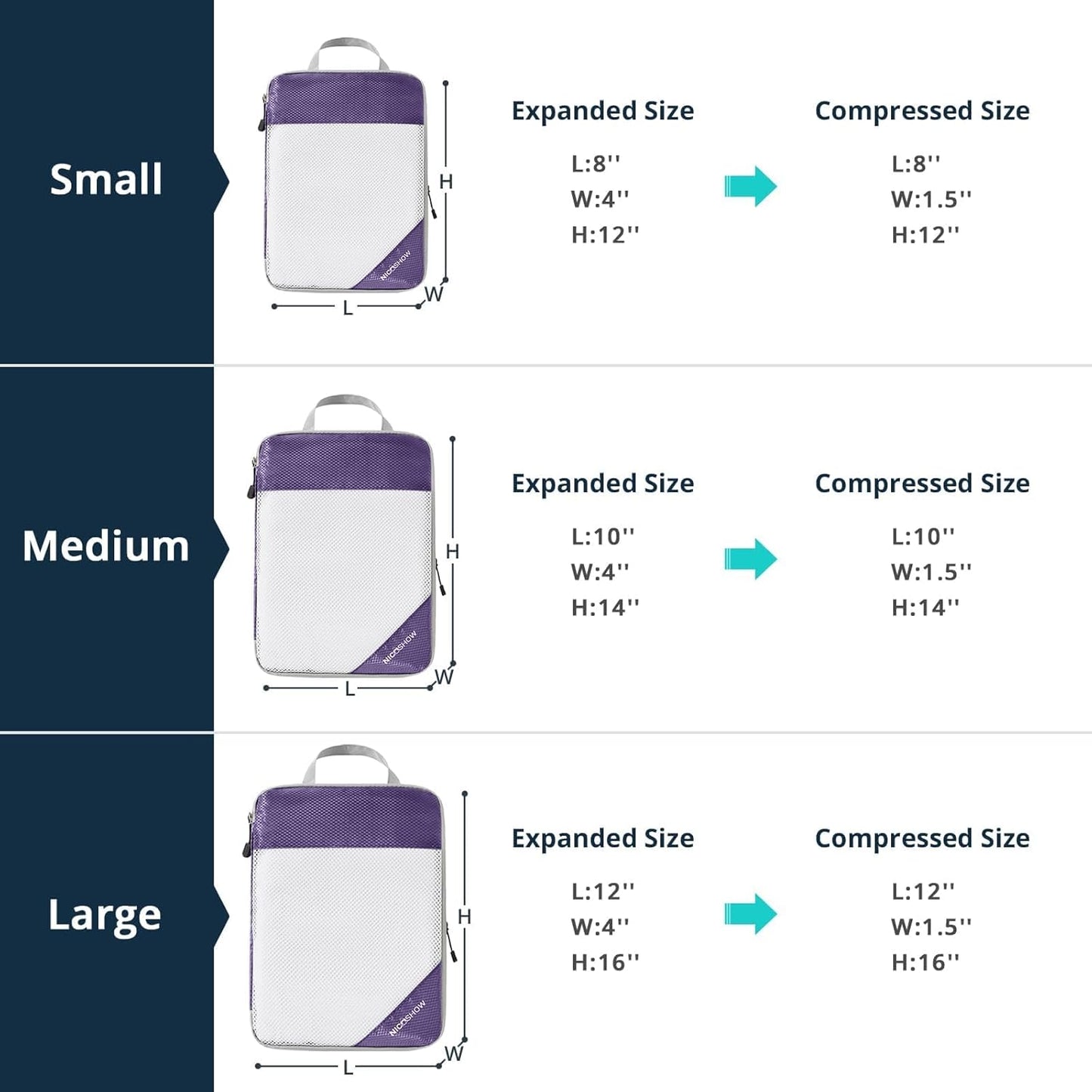 Compression Packing Cubes 3 Set, Compressible Space-Saving Packing Cubes for Travel - Compression Bags, Luggage Organizer, Travel Essentials for Women, Purple