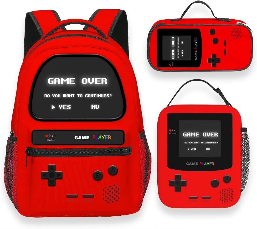 School Backpack With Lunch Bag and Pencil Case For Boys Gamer Backpack For Kids Children Teens Video Game Bookbag Game Large Travel Laptop Backpacks