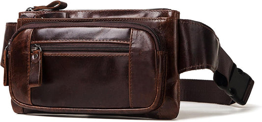 Mens Genuine Leather Waist Pack Fanny Pack Multi Pocket Crossbody Bag Adjustable Strap for Travel Outdoor (Coffee)