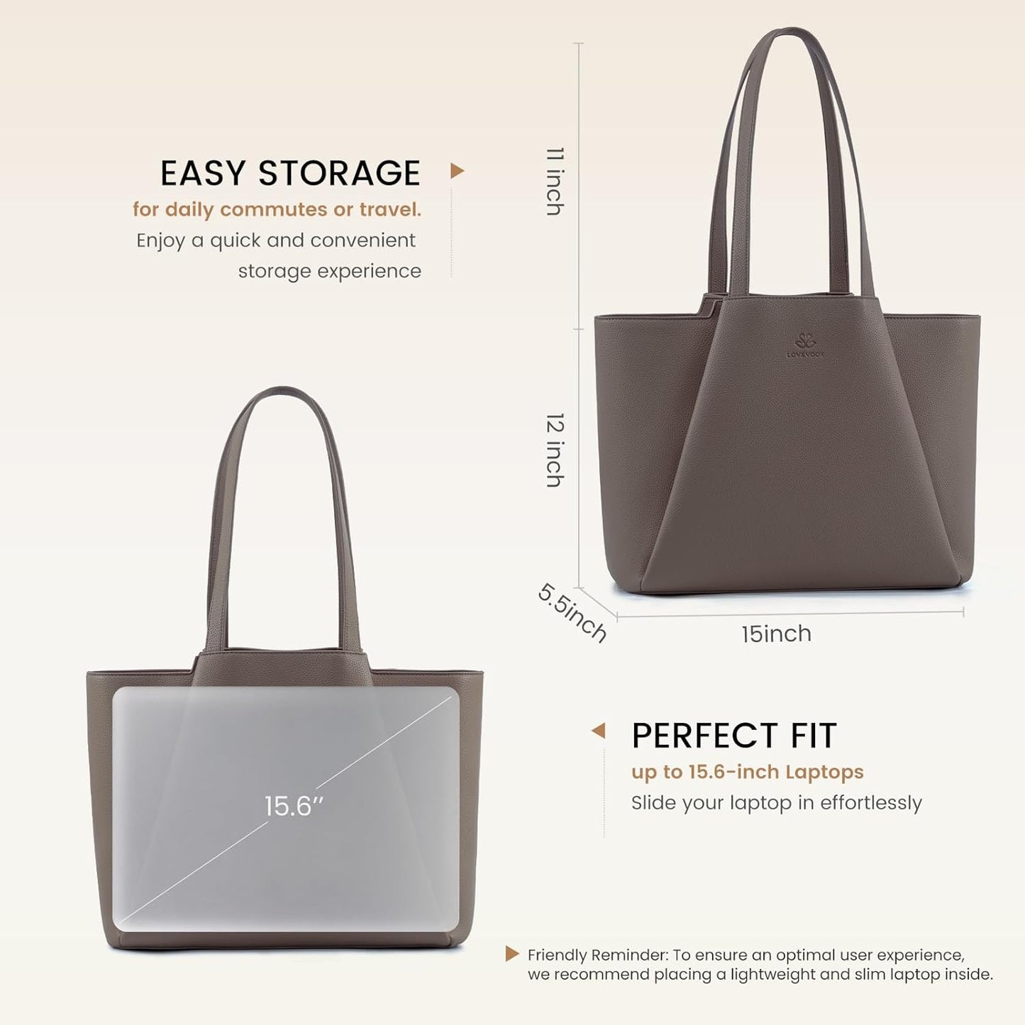 LOVEVOOK Laptop Tote for Women - 15.6 Inch Faux Leather Laptop Bag with Clutch, Large Capacity Office Purse Computer Briefcase for Casual Business Travel,Dark Khaki