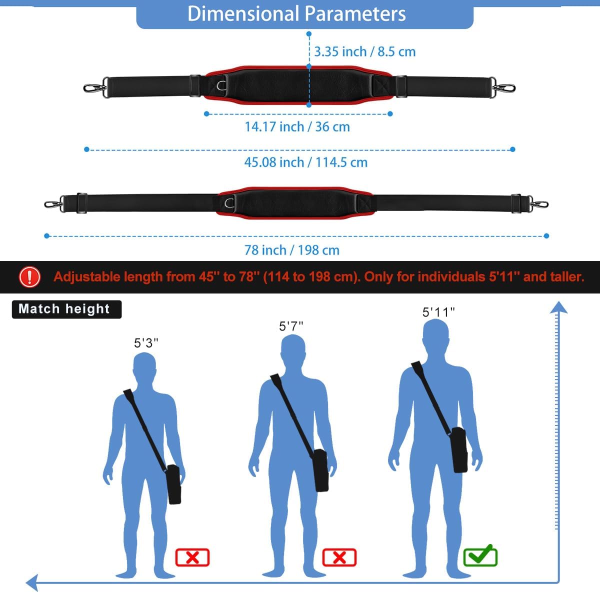ZINZ Bag Shoulder Strap 78" with Ultra Cushion Breathable Pad,Durable Strap with Double Adjustable Buckles and Metal Hooks for D-ring Bags,Ideal for Individuals 5'11"and Taller,Black Red