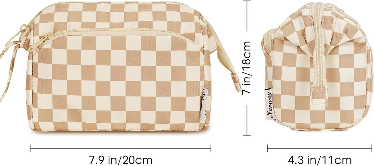 Narwey Large Checkered Makeup Bag Women Wide-open Make up Bag Travel Cosmetic Bag Organizer