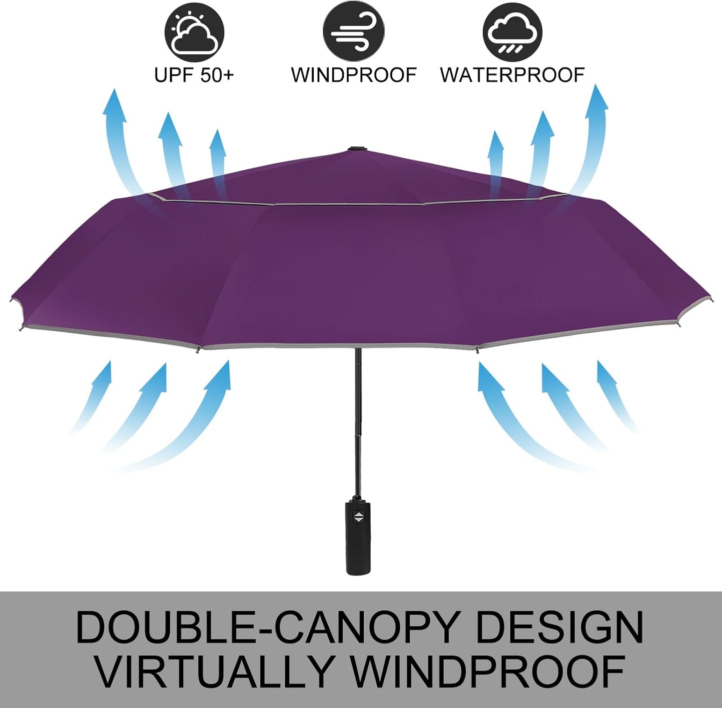 Satol Extra Large Golf Umbrella, 46/54/62 Inch Windproof 10 Ribs Vented Double Canopy Reflective Strips Automatic Open/Close Waterproof UV Protection Portable Compact Umbrella for Outdoor & Travel