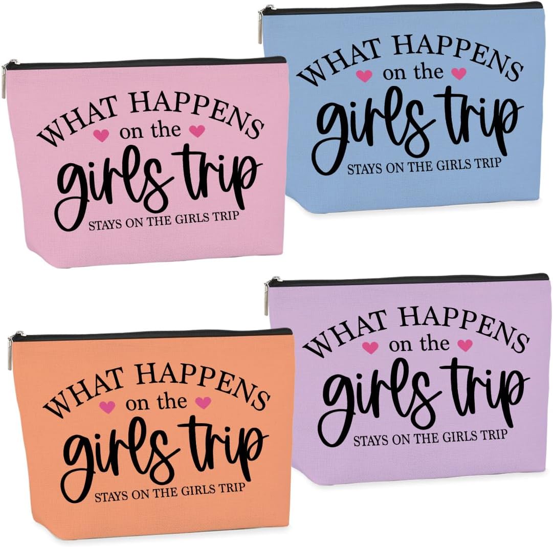 4PCS Girls Trip Cosmetic Bags - Waterproof, Durable Canvas - Perfect for Travel, Gifts for Women - Adults - Fashion Pattern - 9.8x7.2x2 inches