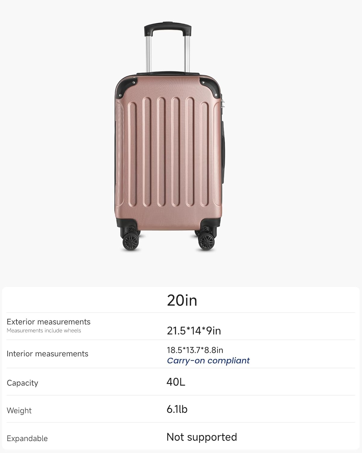 Carry On Luggage 22x14x9 Airline Approved, Hardside Suitcase with Wheels, TSA Approved, Rose Gold
