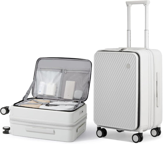 mixi 20 Inch Expandable Carry On Luggage PC Hard Shell Suitcase Top Opening Rolling Travel Suitcases with Spinner Wheels & TSA Lock, Smoke White