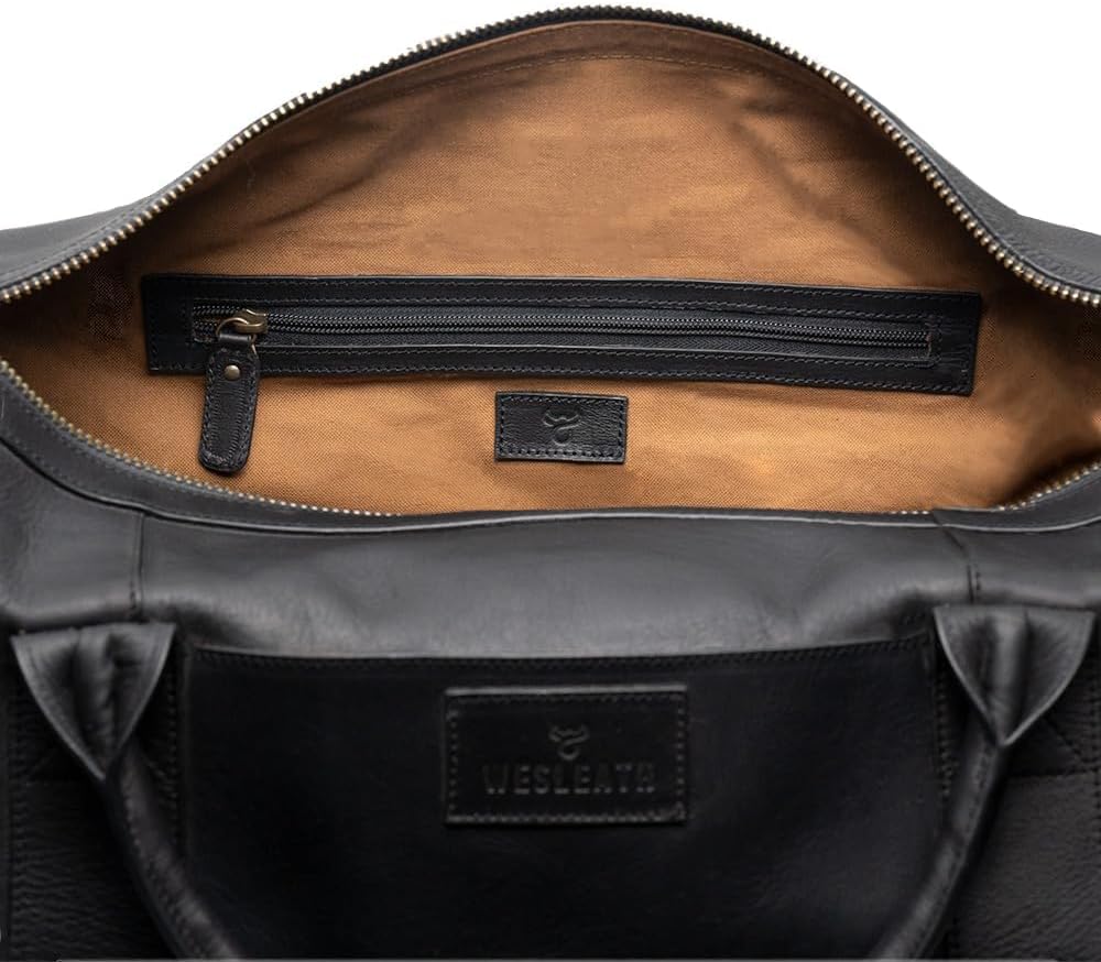 Full Grain Leather Duffle Bag – 40L Travel, Gym & Carry-On Weekender for Men | Handcrafted Overnight Bag with Brass Hardware, Black Style