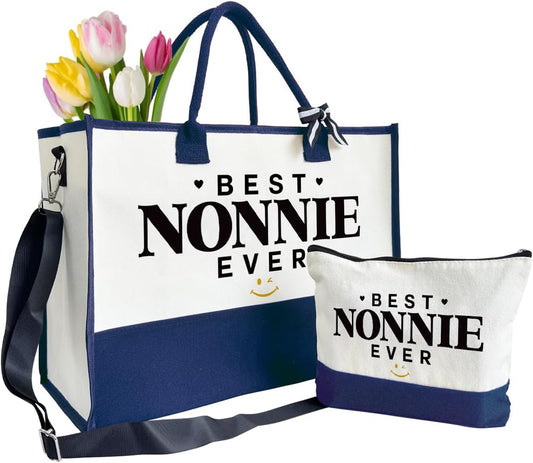 Best Nonnie Ever Tote Bag Gifts, Canvas Tote Bag for Women, Nonnie Gifts, Beach Bag and Makeup bag, Travel Bag Gifts for Nonnie, Canvas Tote Bag With Zipper, Mothers Day Christmas Gifts A11
