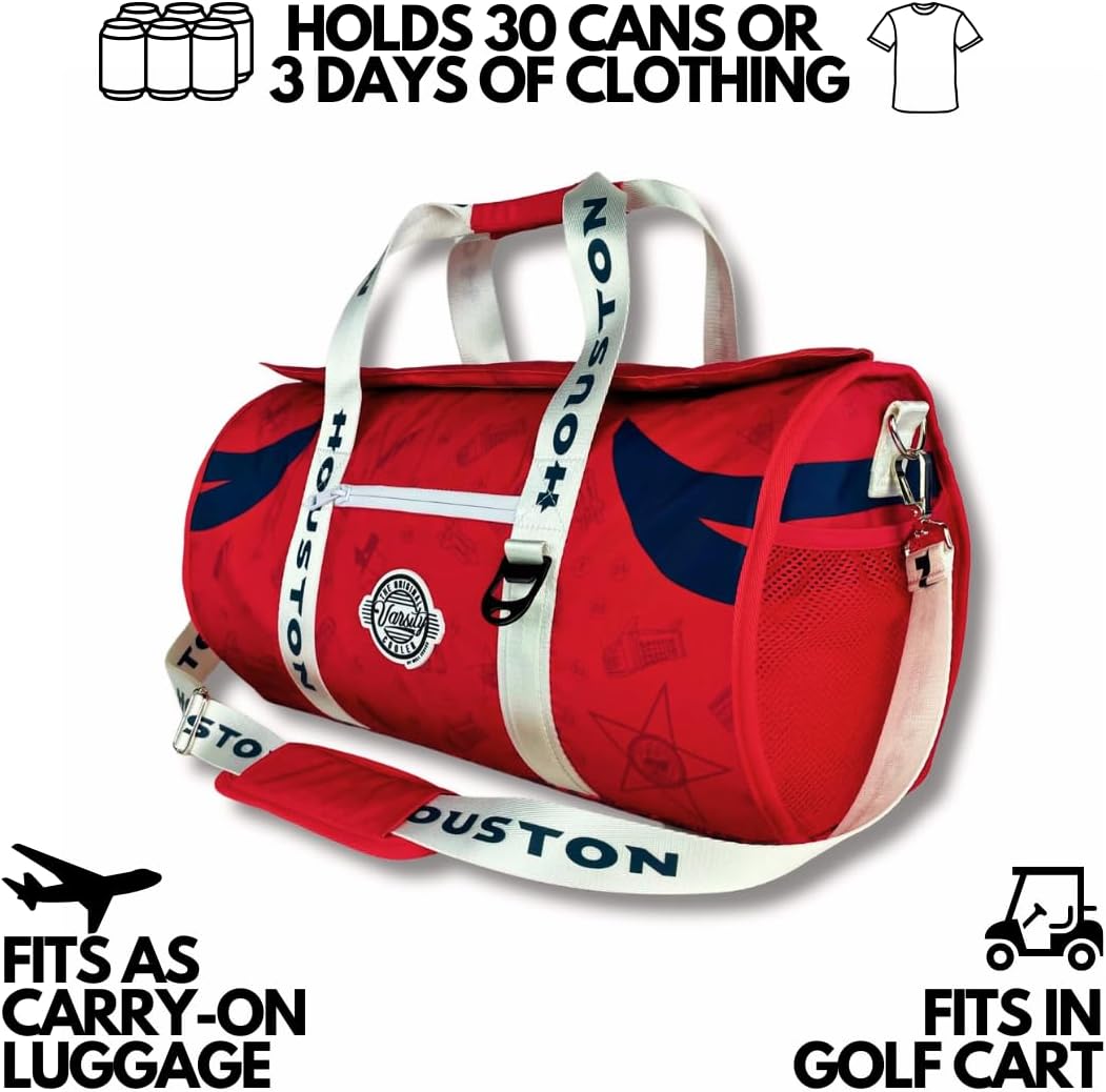 Varsity Cooler Houston Travel Party Duffel & Cooler – 30 Can Leakproof Insulated Tote Bag, Waterproof Soft compartment for Tailgating, Golf, Beach, Carry-On Luggage & Outdoor Sports