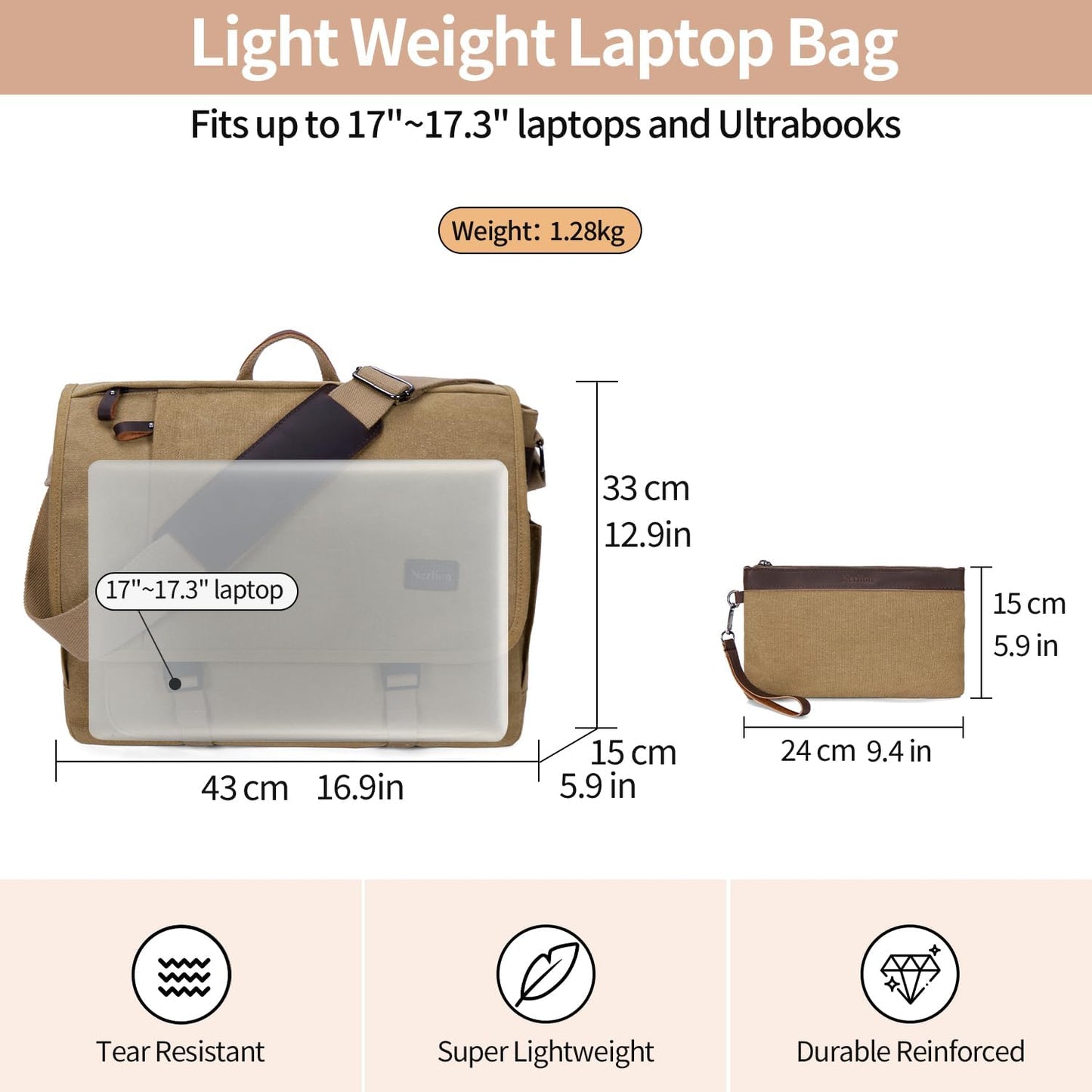 Nerlion Messenger Bag for Men 17-17.3 Inch Laptop Bag Canvas Water-resistant Computer Bag Shoulder