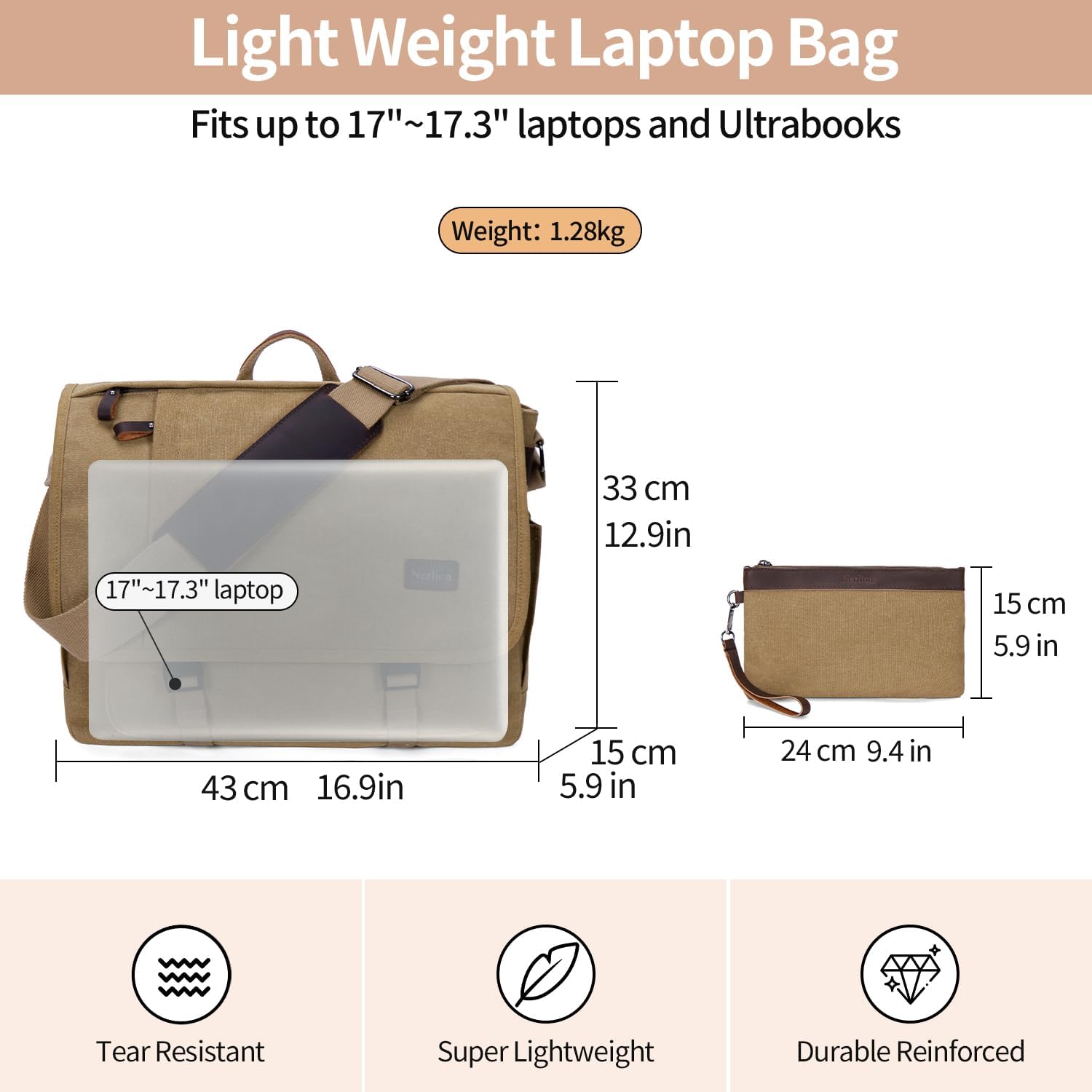 Nerlion Messenger Bag for Men 17-17.3 Inch Laptop Bag Canvas Water-resistant Computer Bag Shoulder
