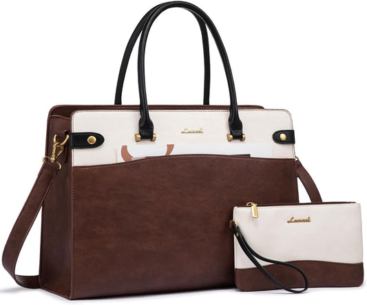 LOVEVOOK Laptop Tote Bag For Women Work, Vintage Leather Computer Bags For Laptops For Women, Waterproof Laptop Bag Business Briefcase Office Large Shoulder Handbag Purse, 15.6 Inch, Brown-Beige-Black