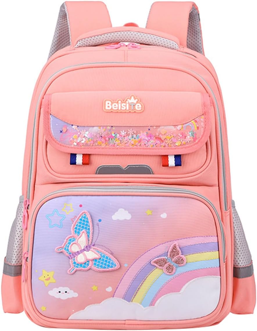 JiaYou Unisex Child Backpack Multi Layer Primary School Daypack with Detachable waist belt(Pink,21 Liters)